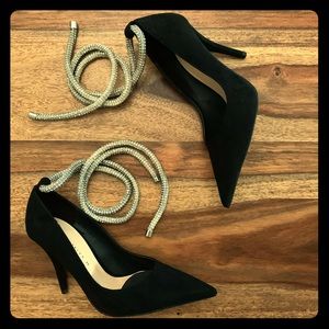 Zara Black Velvet Heels w/ Silver Rope Ankle Strap
